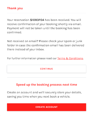 Example booking confirmation screen showing a booking reference