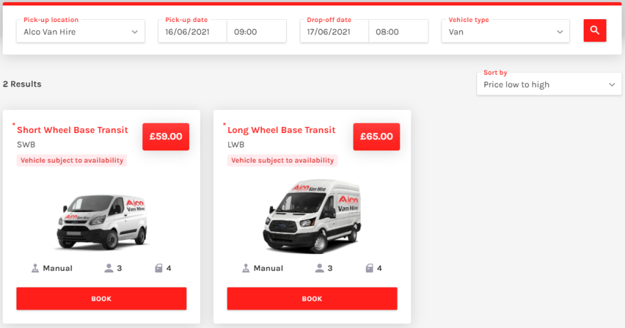 Booking system showing available hire vehicles