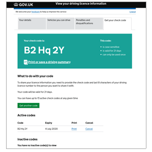Example screenshot showing a DVLA Check Code