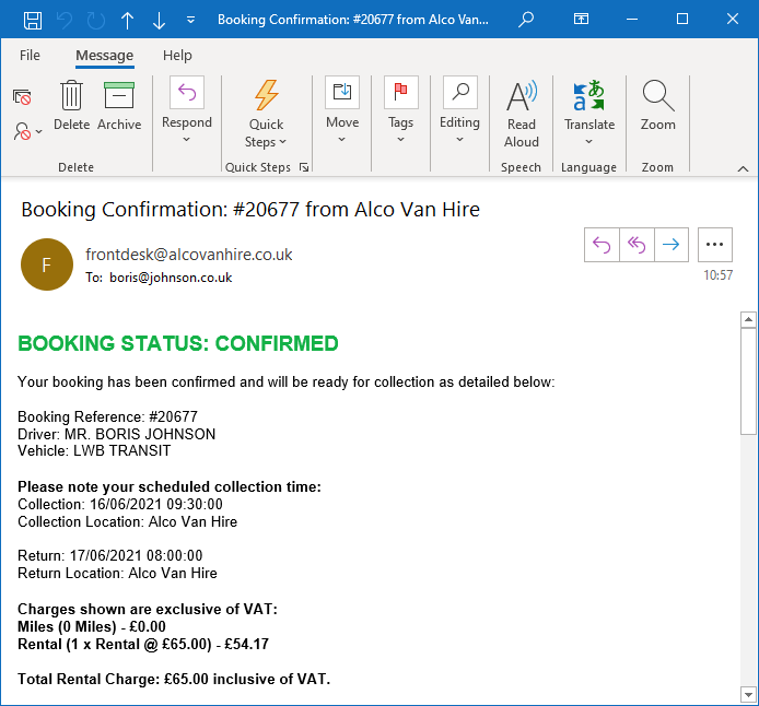 Example booking confirmation after the required checks are completed