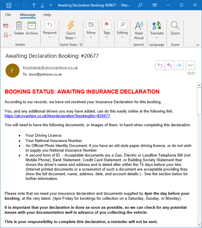 Example booking email showing the declaration link