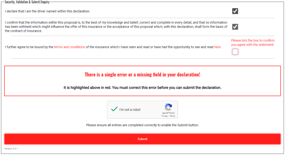 Example validation error shown by the declaration form