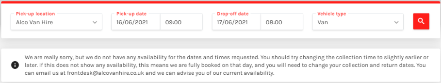 Example booking search showing no vehicles available