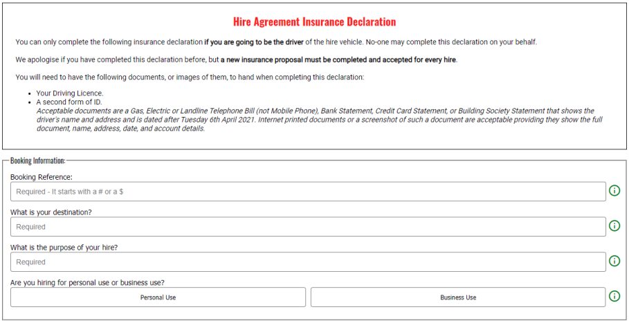 Example of the online Hirer Declaration form