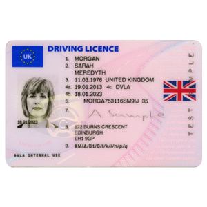 Clear close-up photograph of the front of a driving licence